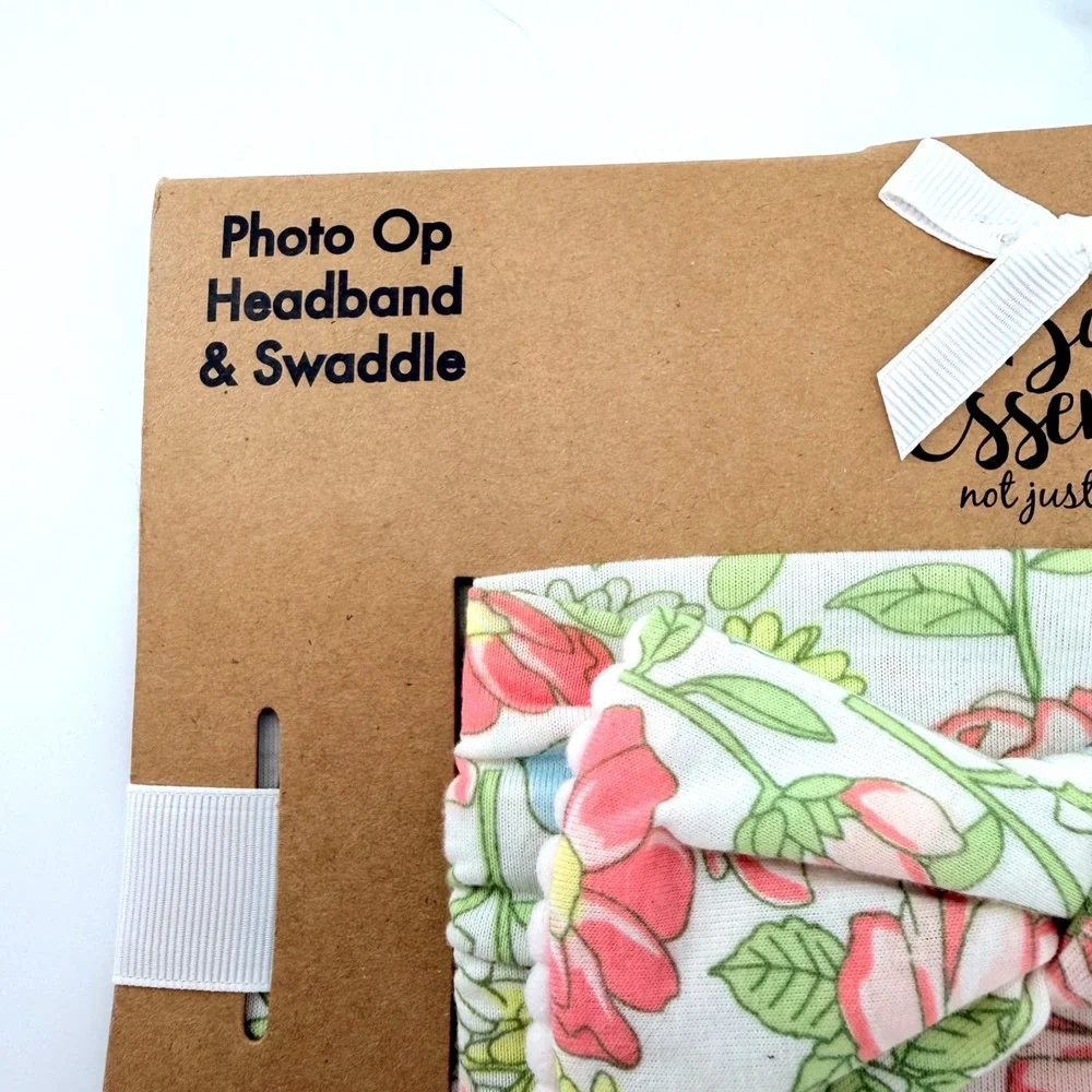 Baby Essentials Swaddle Headband Set Baby OS White Floral NIB Photo Op 2pc